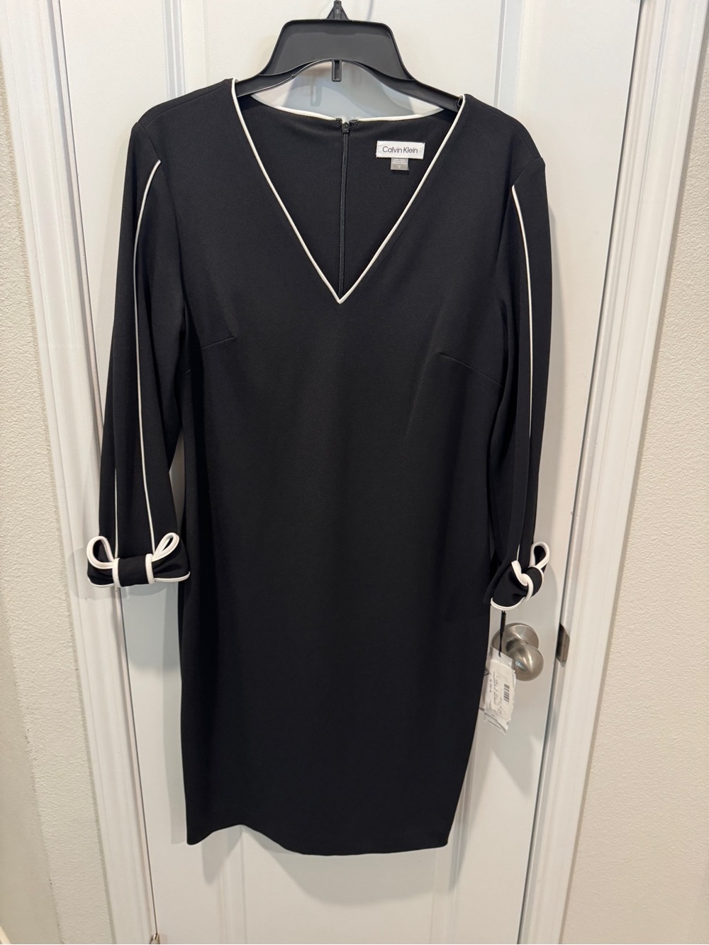 Calvin Klein Black Sheath Dress with White Piping bow sleeves